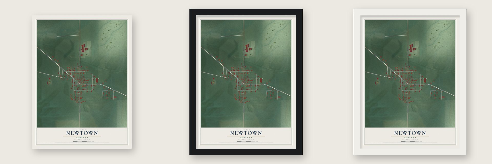 Newtown, Indiana map unframed, in a black wood frame and in a white wood frame