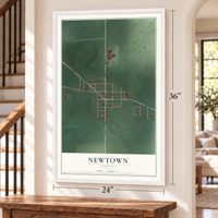 Newtown, Indiana map, 24 x 36 inch print in a white frame by a staircase