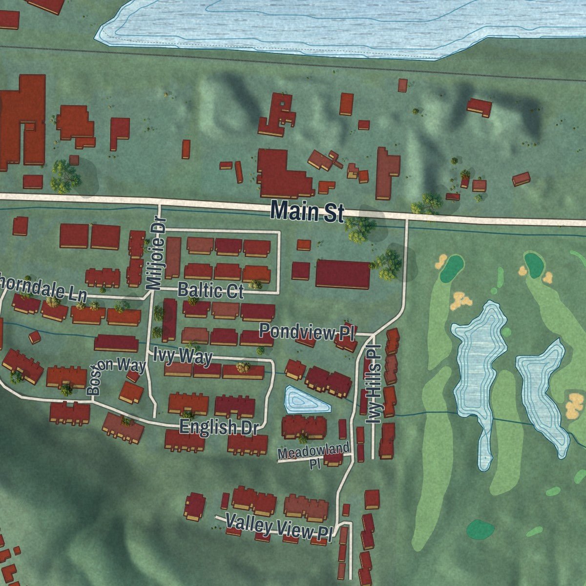 Second close-up of the map of Newtown, Ohio print showing more streets and buildings