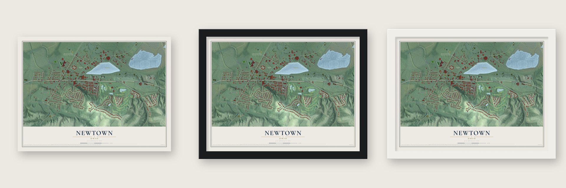 Newtown, Ohio map unframed, in a black wood frame and in a white wood frame