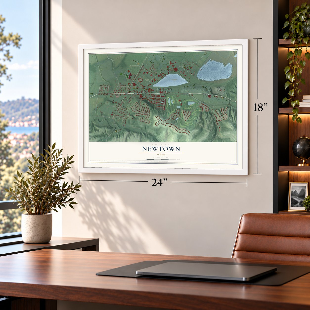 Newtown, Ohio map, 18 x 24 inch print in a white frame in a home office