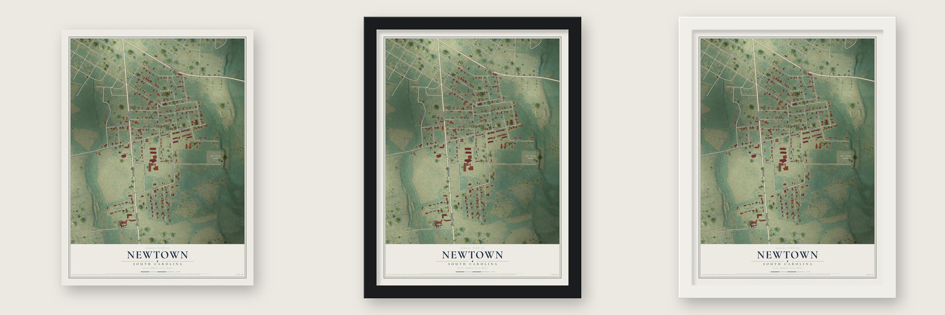 Newtown, South Carolina map unframed, in a black wood frame and in a white wood frame