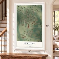 Newtown, South Carolina map, 24 x 36 inch print in a white frame by a staircase