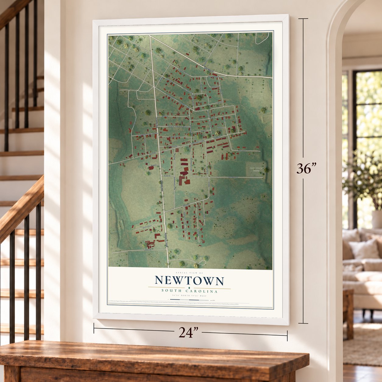 Newtown, South Carolina map, 24 x 36 inch print in a white frame by a staircase