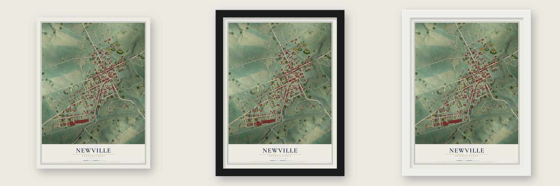 Newville, Pennsylvania map unframed, in a black wood frame and in a white wood frame
