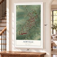 Newville, Pennsylvania map, 24 x 36 inch print in a white frame by a staircase