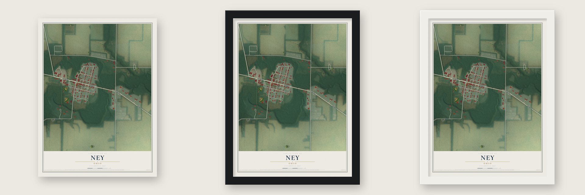 Ney, Ohio map unframed, in a black wood frame and in a white wood frame