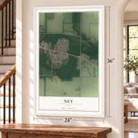 Ney, Ohio map, 24 x 36 inch print in a white frame by a staircase