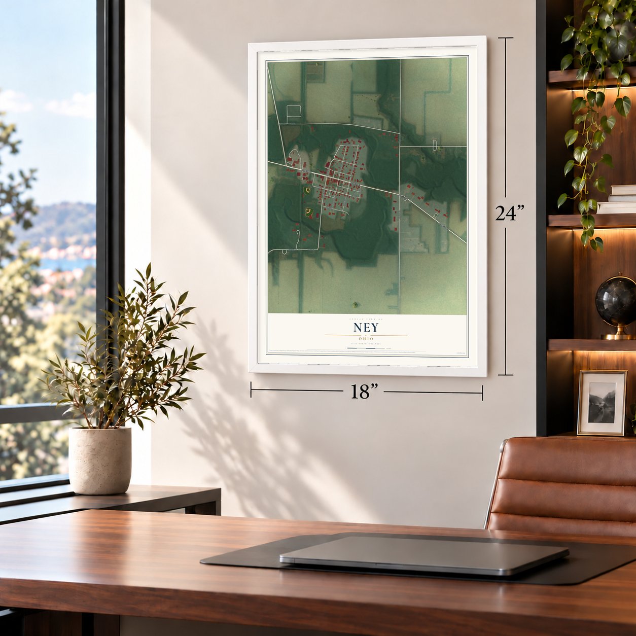 Ney, Ohio map, 18 x 24 inch print in a white frame in a home office