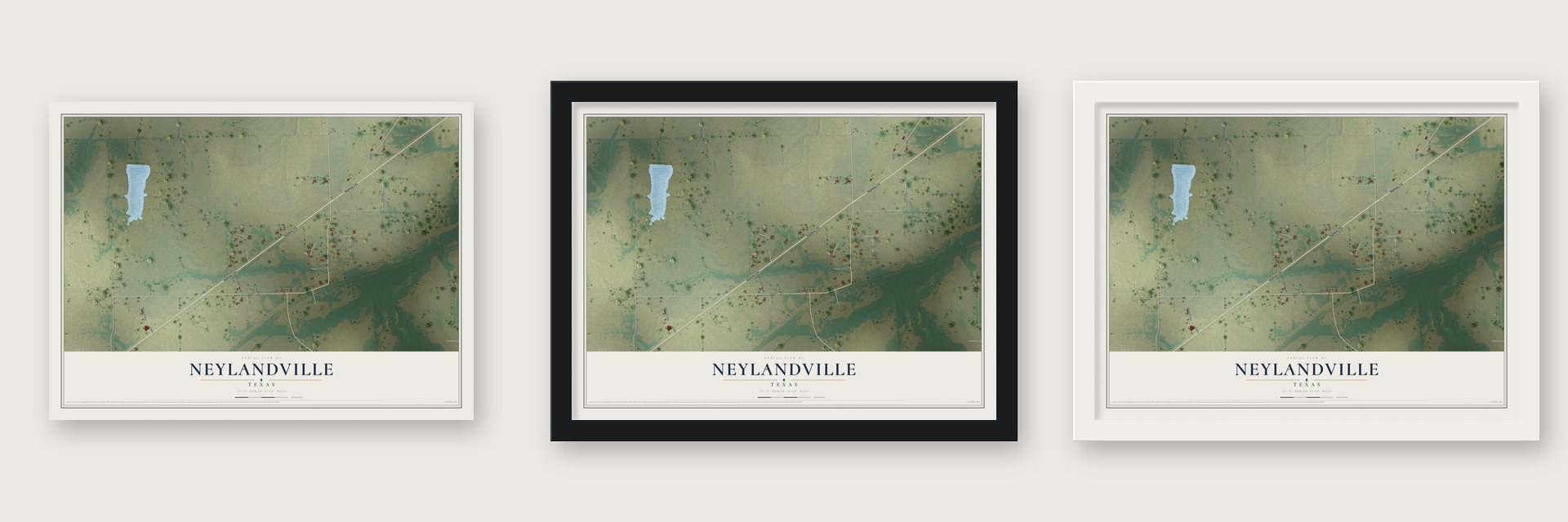 Neylandville, Texas map unframed, in a black wood frame and in a white wood frame