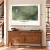 Neylandville, Texas map, 24 x 36 inch print in a white frame above a dresser by a staircase