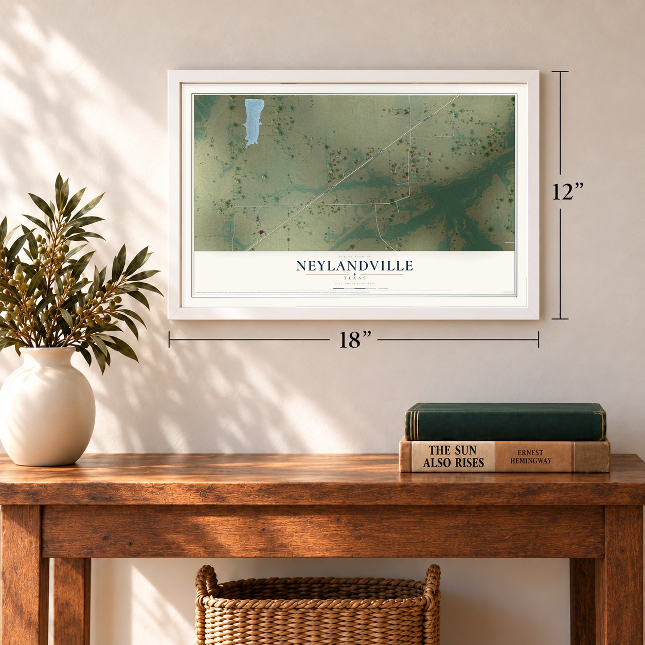Neylandville, Texas map, 12 x 18 inch print in a white frame in an entryway
