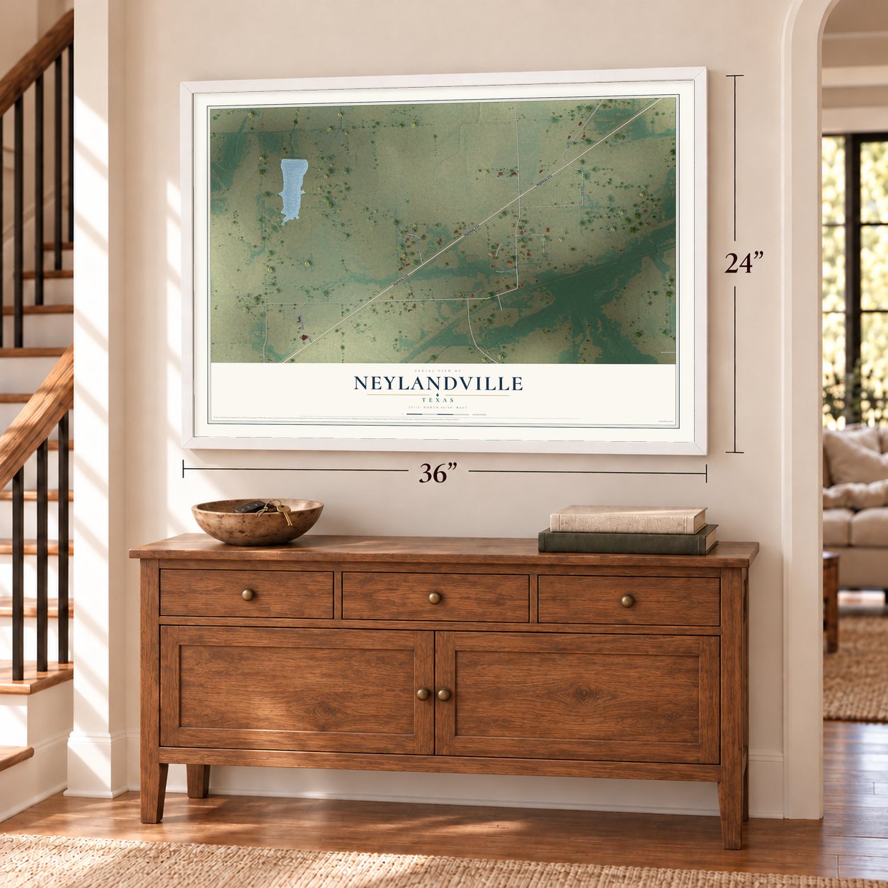 Neylandville, Texas map, 24 x 36 inch print in a white frame above a dresser by a staircase