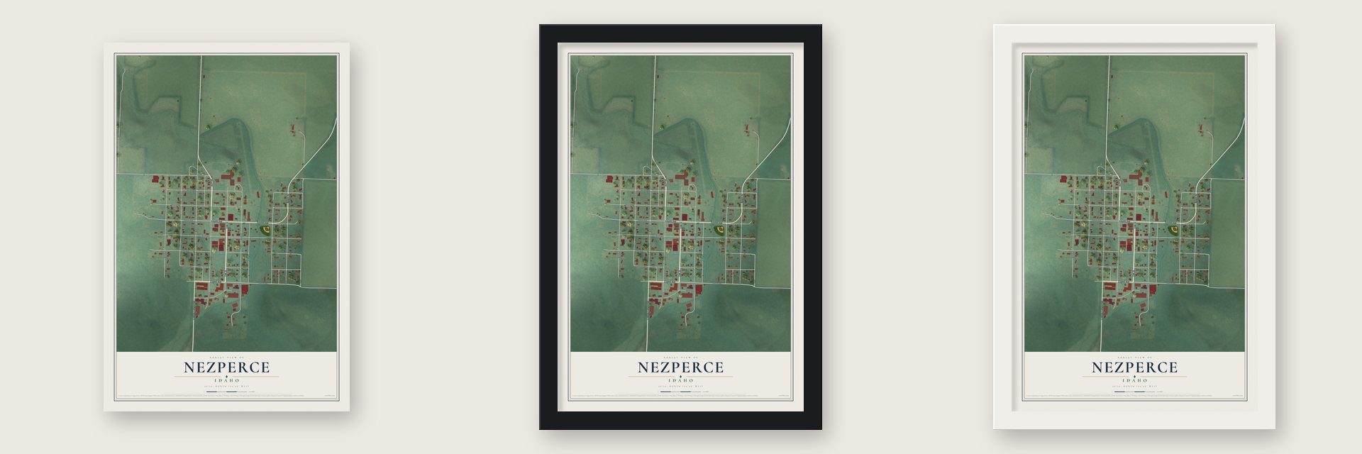 Nezperce, Idaho map unframed, in a black wood frame and in a white wood frame