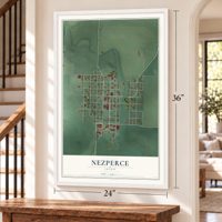 Nezperce, Idaho map, 24 x 36 inch print in a white frame by a staircase