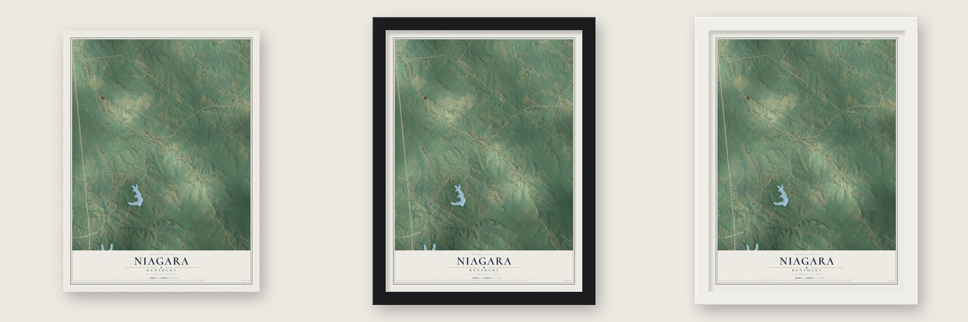 Niagara, Kentucky map unframed, in a black wood frame and in a white wood frame