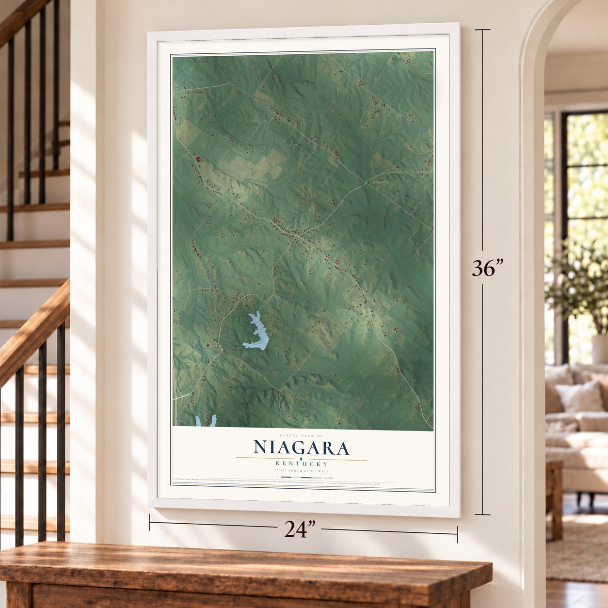 Niagara, Kentucky map, 24 x 36 inch print in a white frame by a staircase