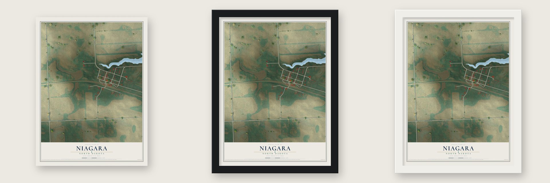 Niagara, North Dakota map unframed, in a black wood frame and in a white wood frame