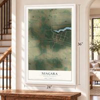 Niagara, North Dakota map, 24 x 36 inch print in a white frame by a staircase