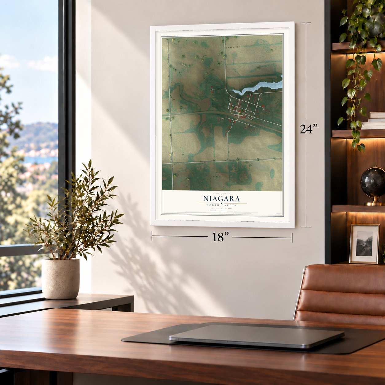 Niagara, North Dakota map, 18 x 24 inch print in a white frame in a home office