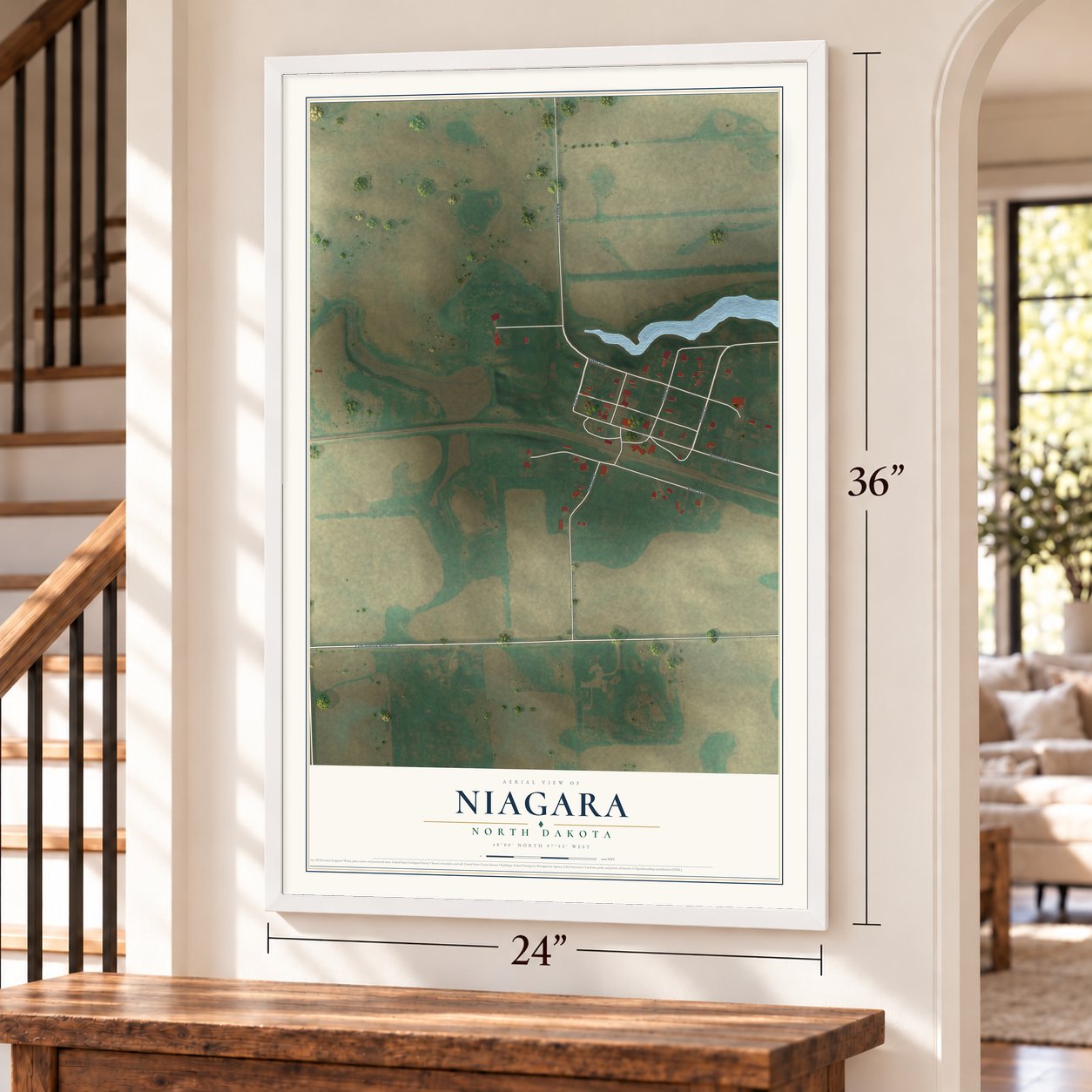 Niagara, North Dakota map, 24 x 36 inch print in a white frame by a staircase