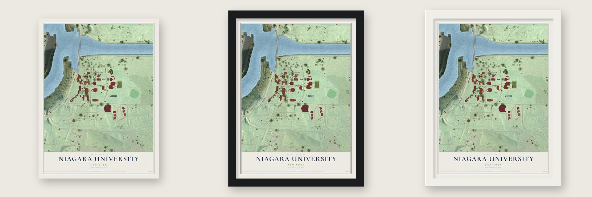 Niagara University, New York map unframed, in a black wood frame and in a white wood frame