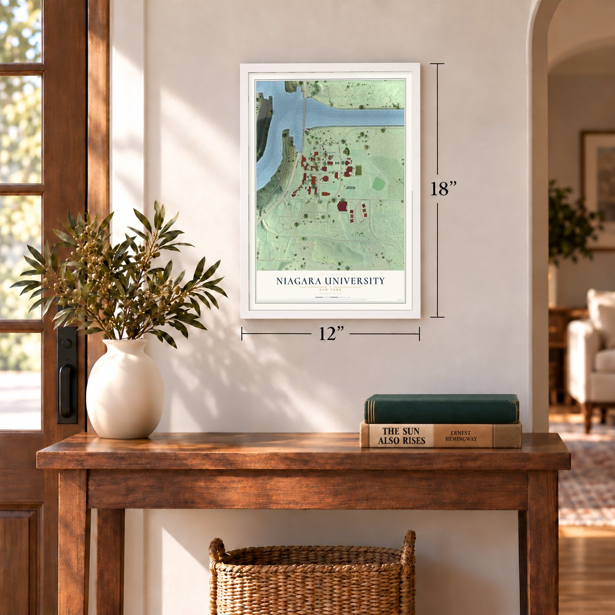 Niagara University, New York map, 12 x 18 inch print in a white frame in an entryway