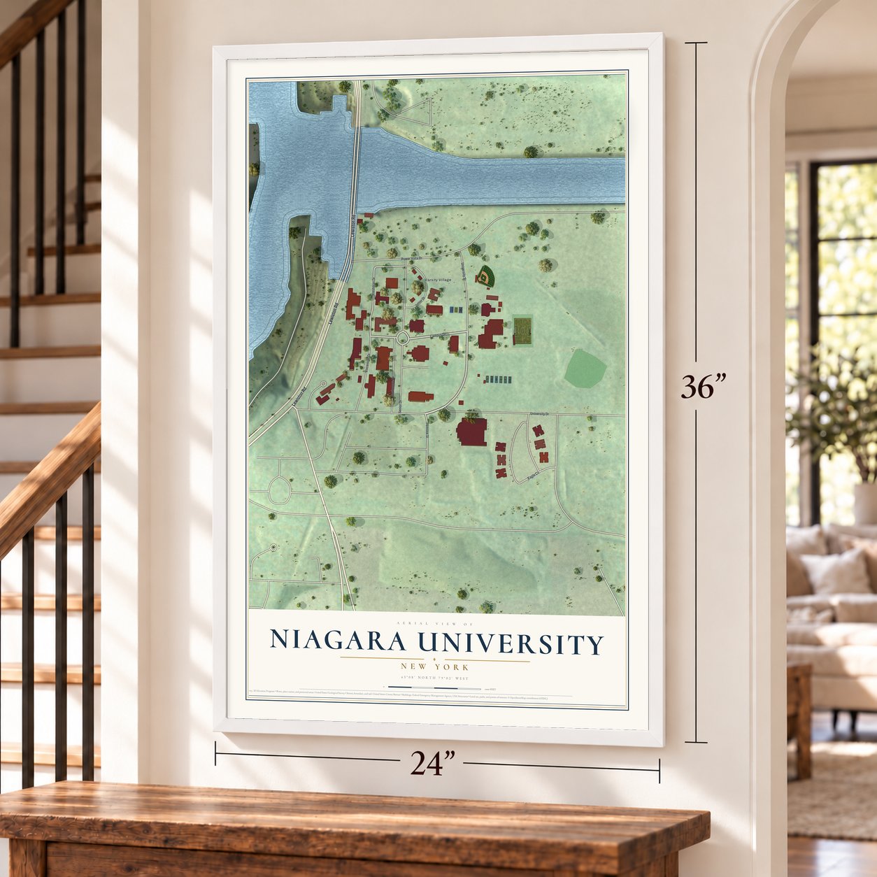 Niagara University, New York map, 24 x 36 inch print in a white frame by a staircase