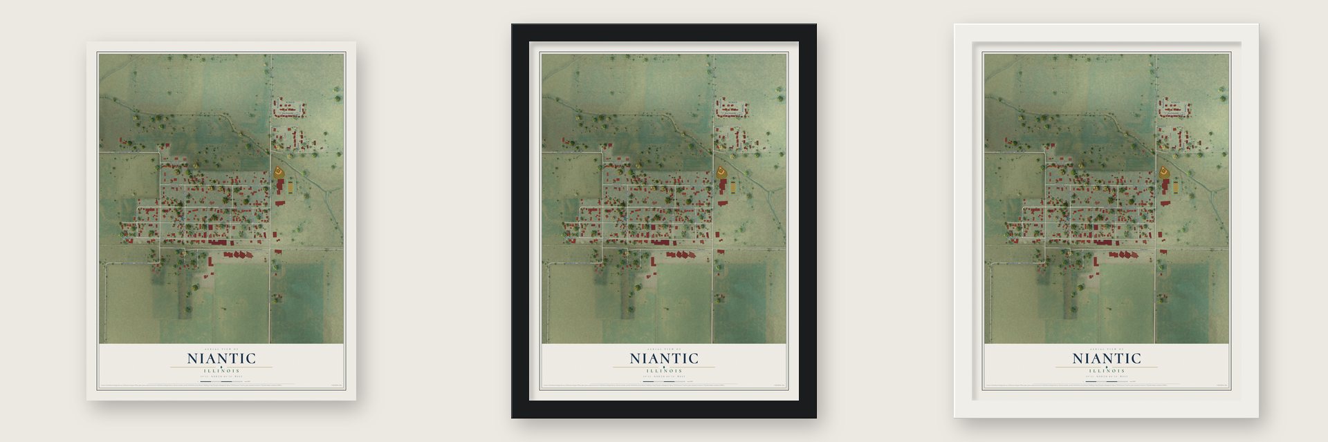 Niantic, Illinois map unframed, in a black wood frame and in a white wood frame