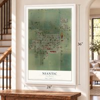 Niantic, Illinois map, 24 x 36 inch print in a white frame by a staircase