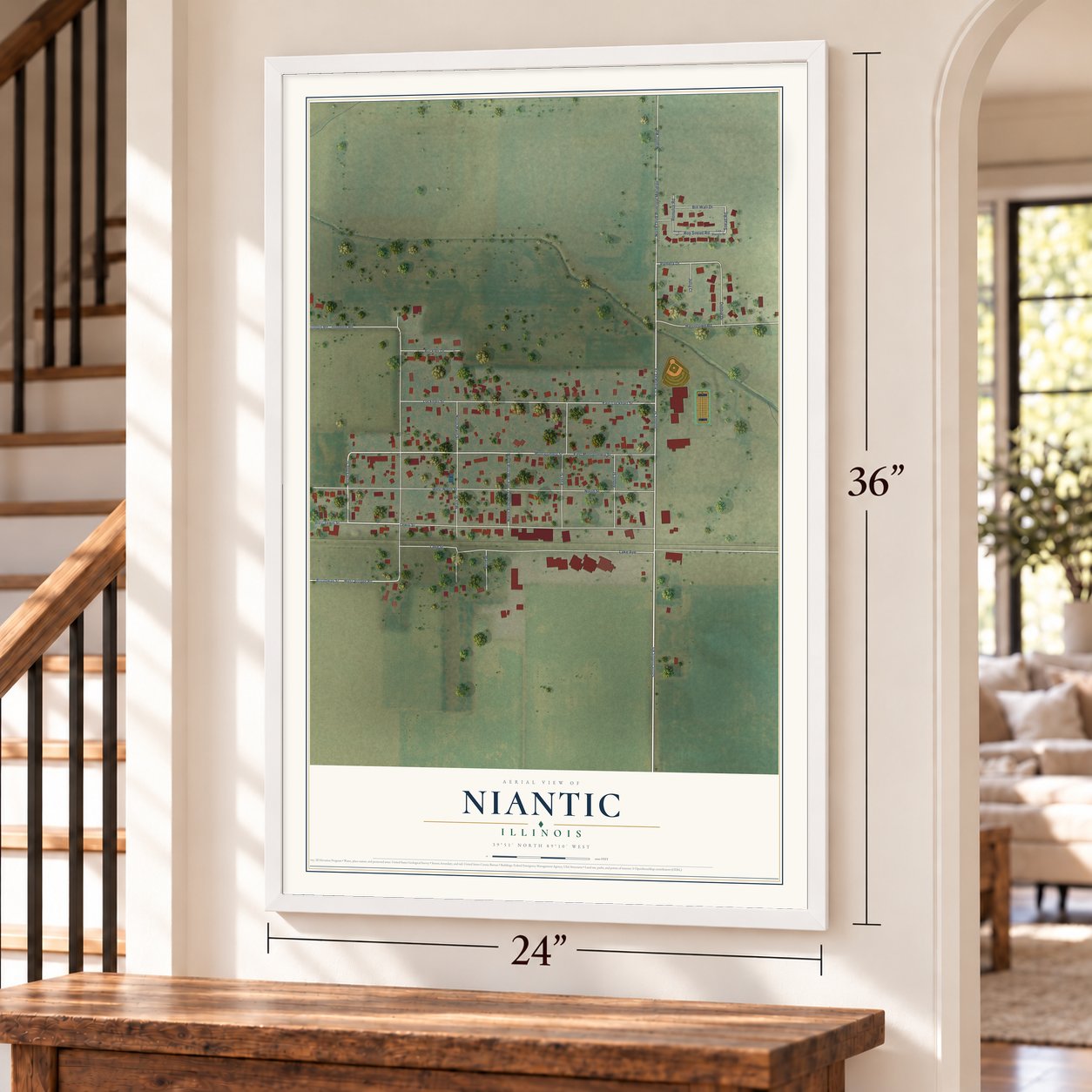 Niantic, Illinois map, 24 x 36 inch print in a white frame by a staircase