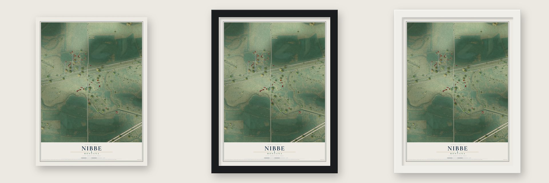 Nibbe, Montana map unframed, in a black wood frame and in a white wood frame