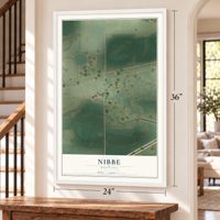Nibbe, Montana map, 24 x 36 inch print in a white frame by a staircase