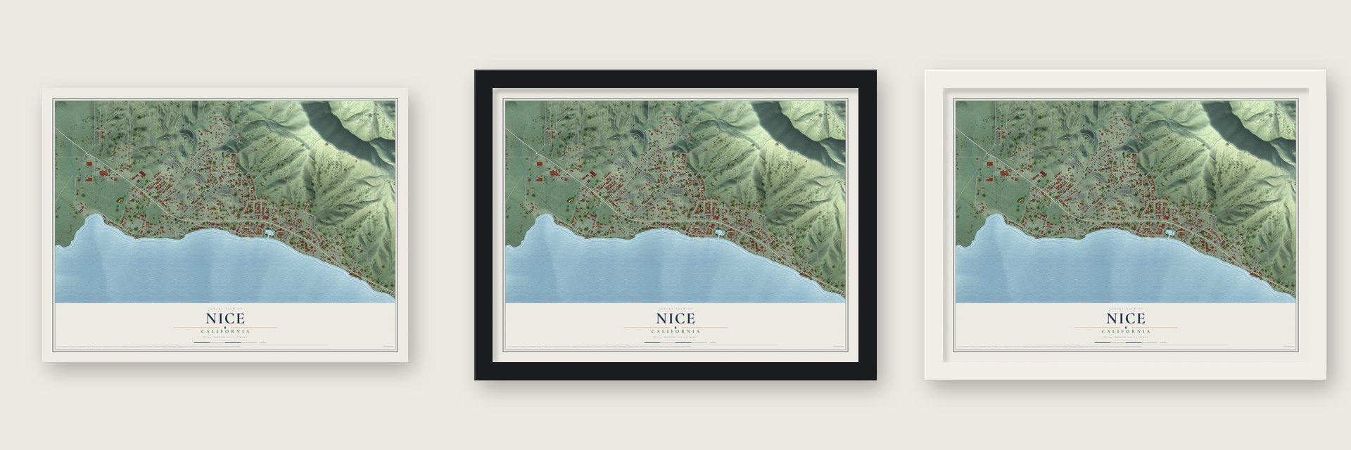 Nice, California map unframed, in a black wood frame and in a white wood frame