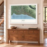 Nice, California map, 24 x 36 inch print in a white frame above a dresser by a staircase