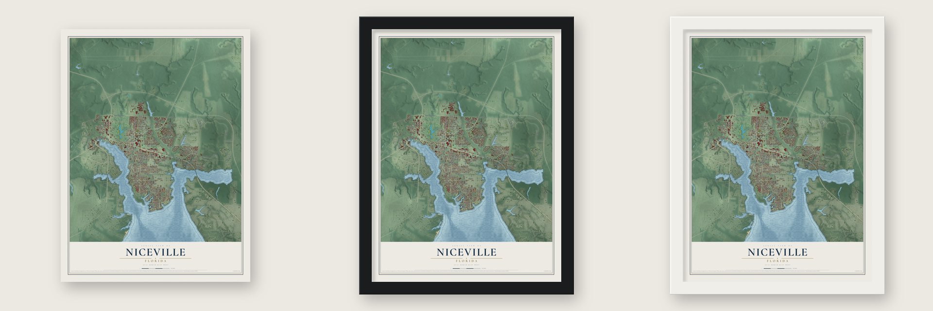 Niceville, Florida map unframed, in a black wood frame and in a white wood frame
