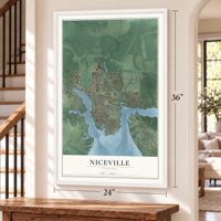 Niceville, Florida map, 24 x 36 inch print in a white frame by a staircase