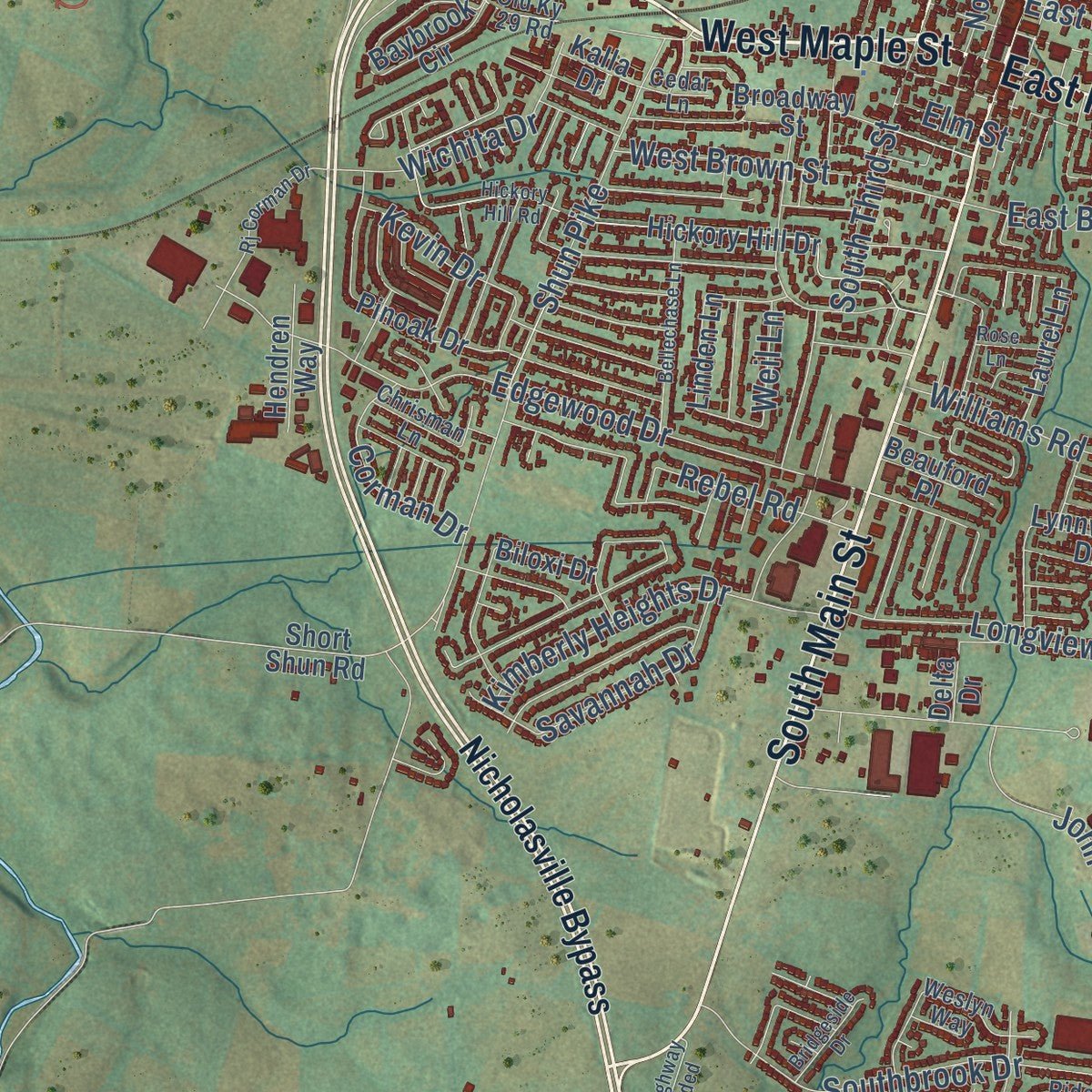 Second close-up of the map of Nicholasville, Kentucky print showing more streets and buildings