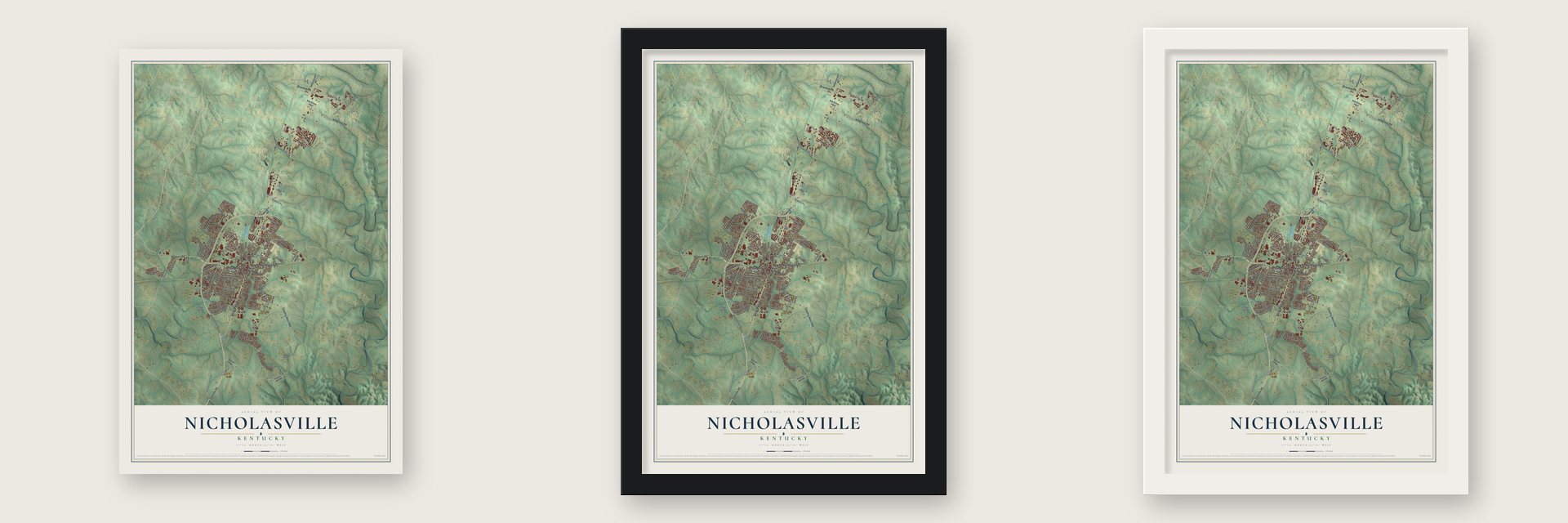 Nicholasville, Kentucky map unframed, in a black wood frame and in a white wood frame