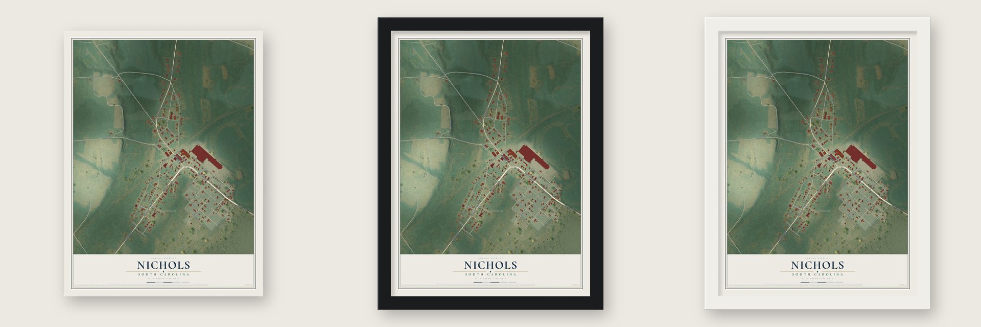 Nichols, South Carolina map unframed, in a black wood frame and in a white wood frame