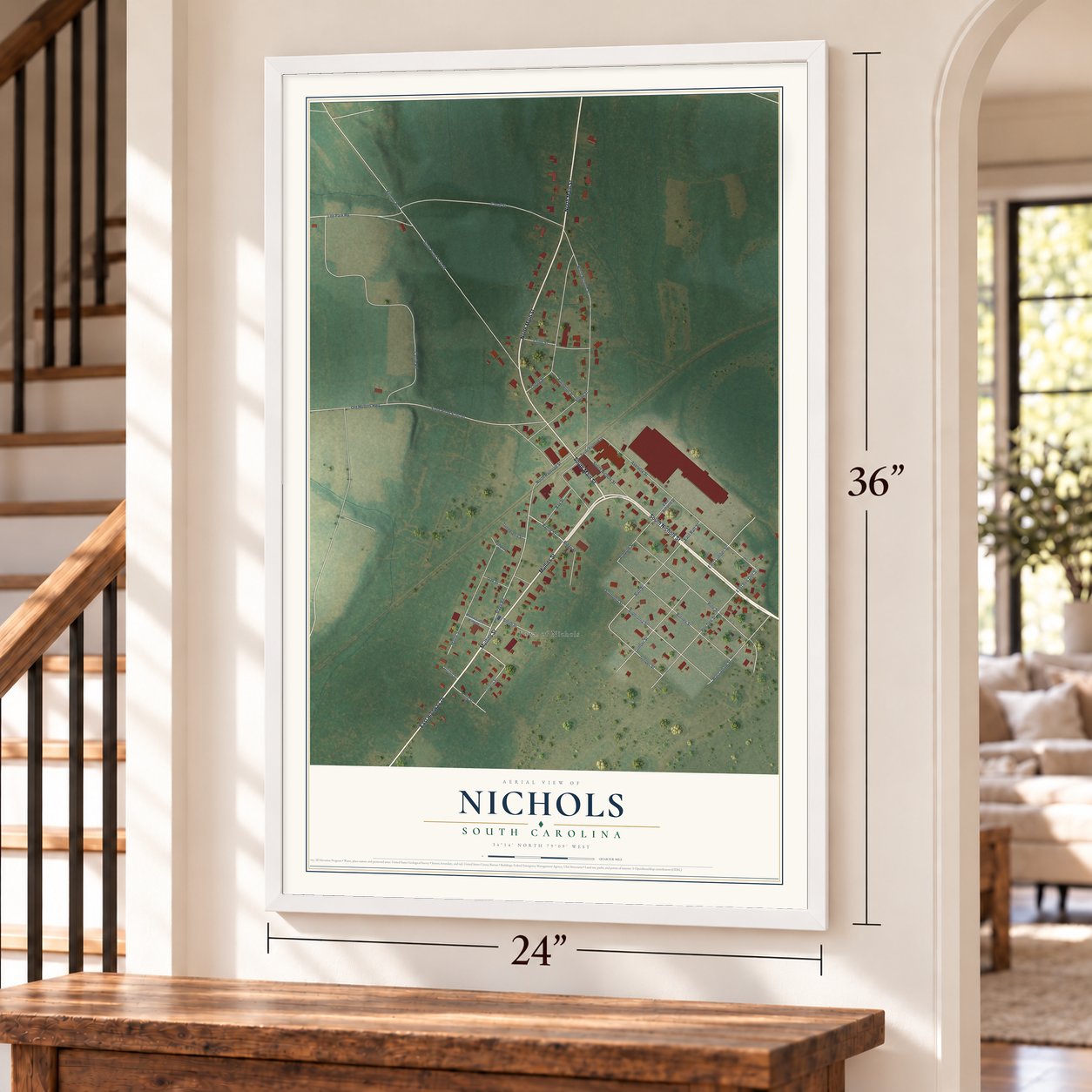 Nichols, South Carolina map, 24 x 36 inch print in a white frame by a staircase