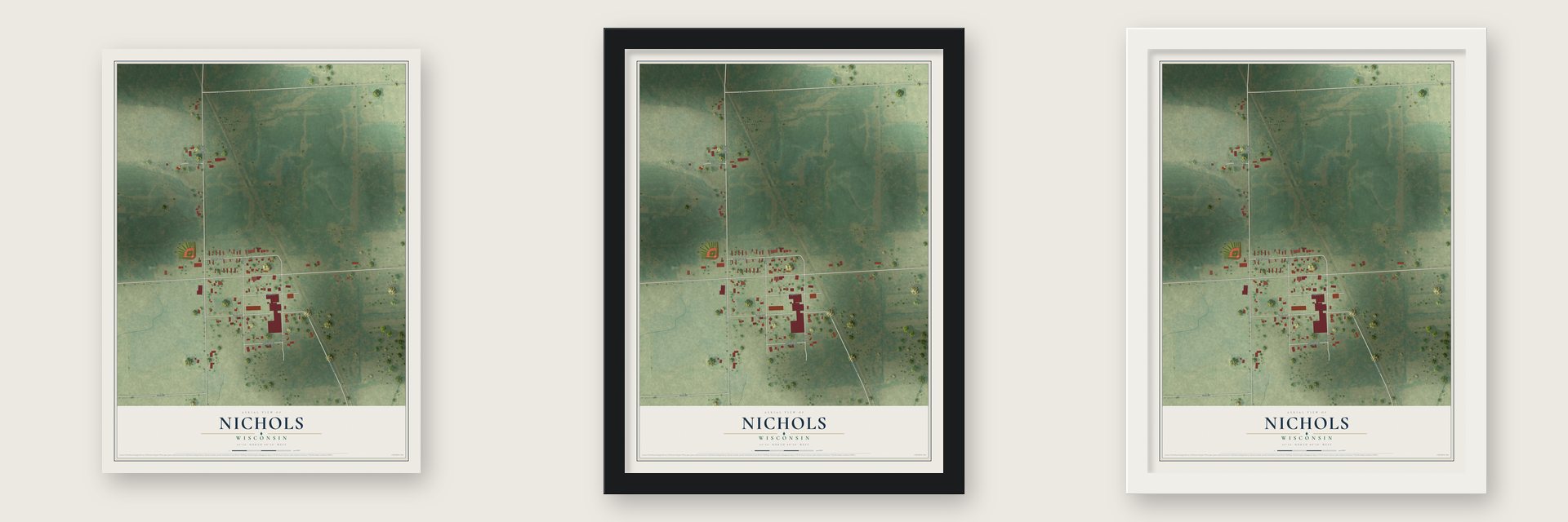 Nichols, Wisconsin map unframed, in a black wood frame and in a white wood frame