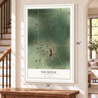 Nichols, Wisconsin map, 24 x 36 inch print in a white frame by a staircase