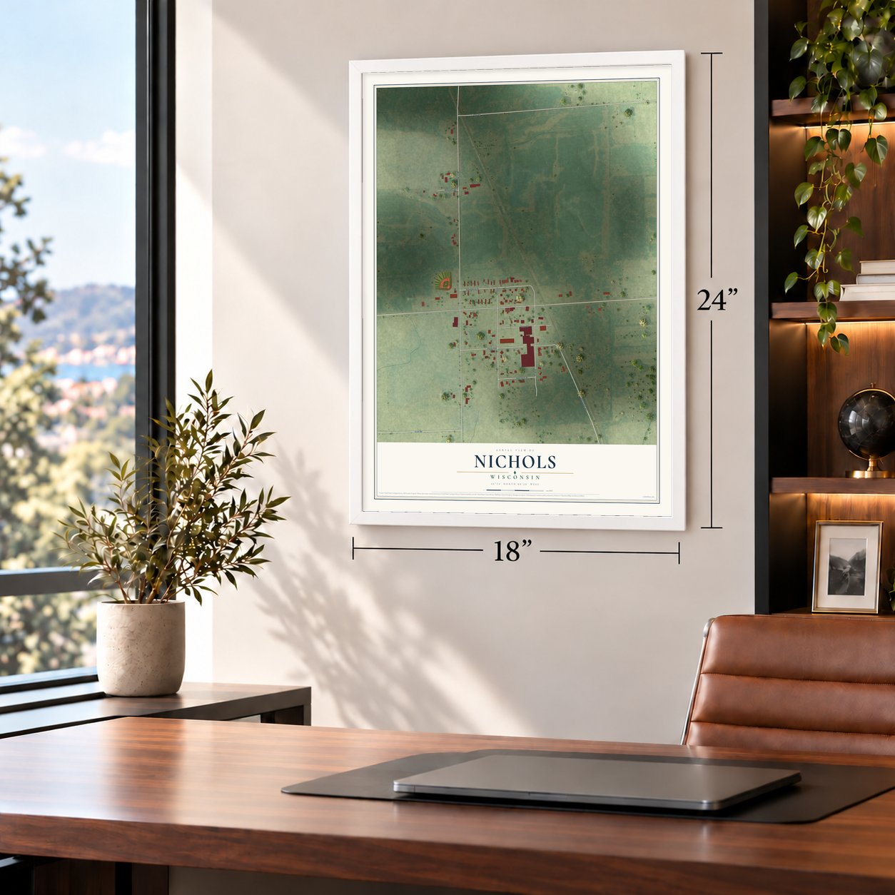 Nichols, Wisconsin map, 18 x 24 inch print in a white frame in a home office