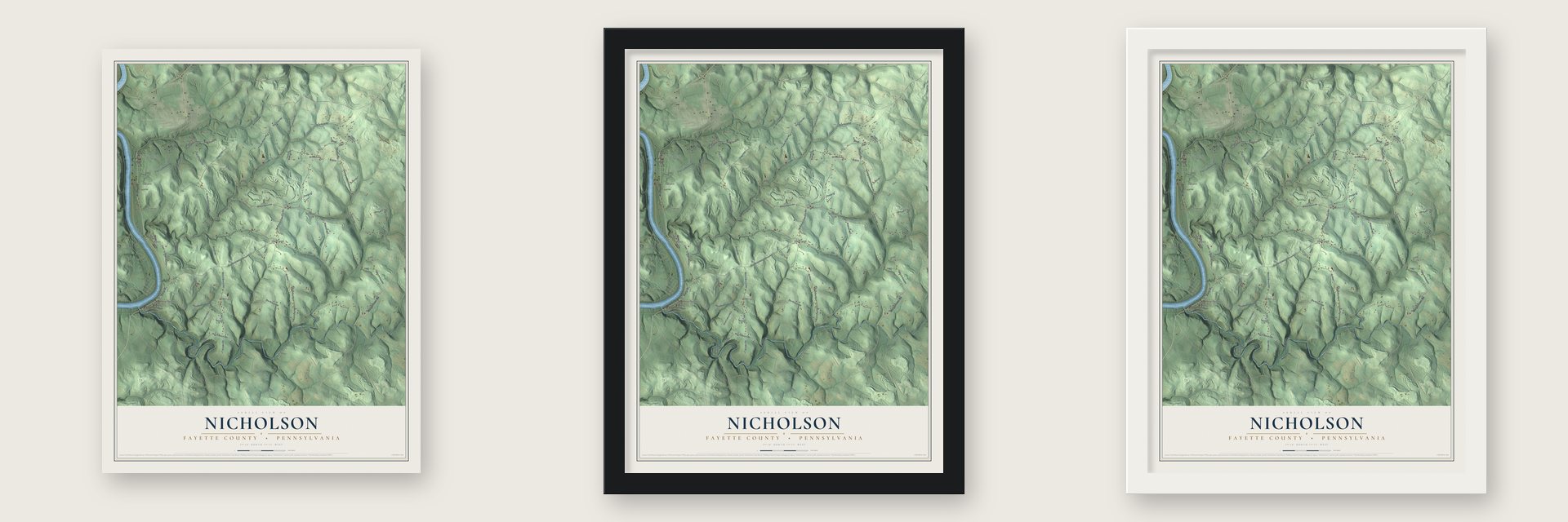 Nicholson, Fayette County, Pennsylvania map unframed, in a black wood frame and in a white wood frame
