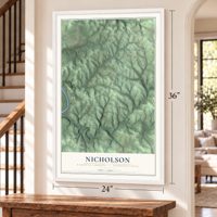 Nicholson, Fayette County, Pennsylvania map, 24 x 36 inch print in a white frame by a staircase