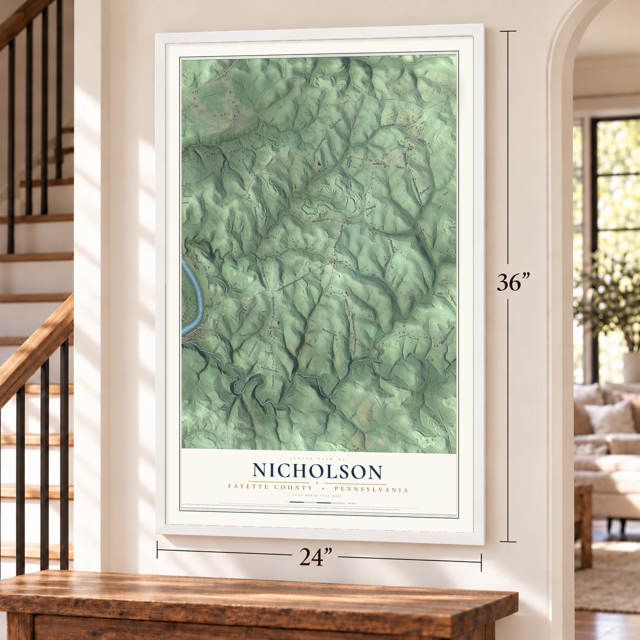 Nicholson, Fayette County, Pennsylvania map, 24 x 36 inch print in a white frame by a staircase