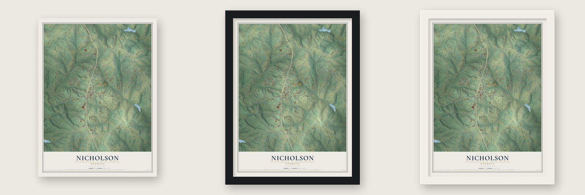 Nicholson, Georgia map unframed, in a black wood frame and in a white wood frame