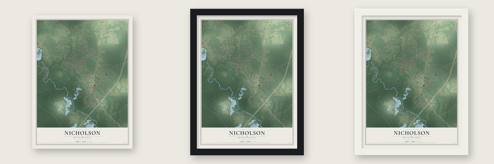 Nicholson, Mississippi map unframed, in a black wood frame and in a white wood frame