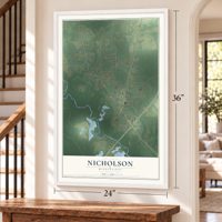 Nicholson, Mississippi map, 24 x 36 inch print in a white frame by a staircase